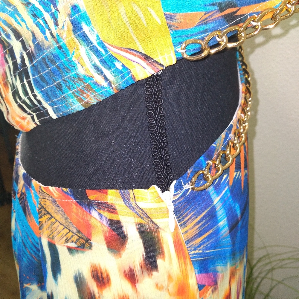 Tropical Vibrant Multi Colored Cutout Chain Link Maxi Halter Dress- Size Large - Picture 8 of 12